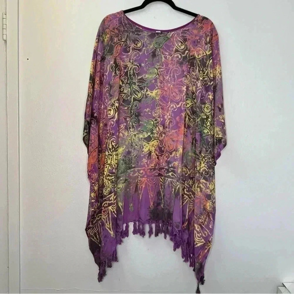 Hand Made Corful Paisley Geometric Print Fringed Poncho‎ Kimono Cover Up OS - Picture 1 of 7